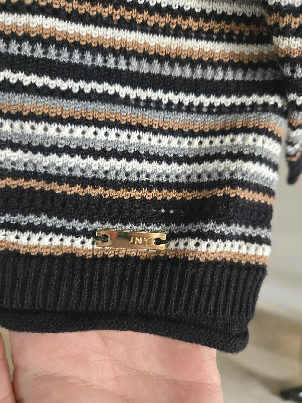 Jones New York Striped Long Sleeve Knit Crew Neck Sweater in Black, White, Tan - Picture 4 of 8